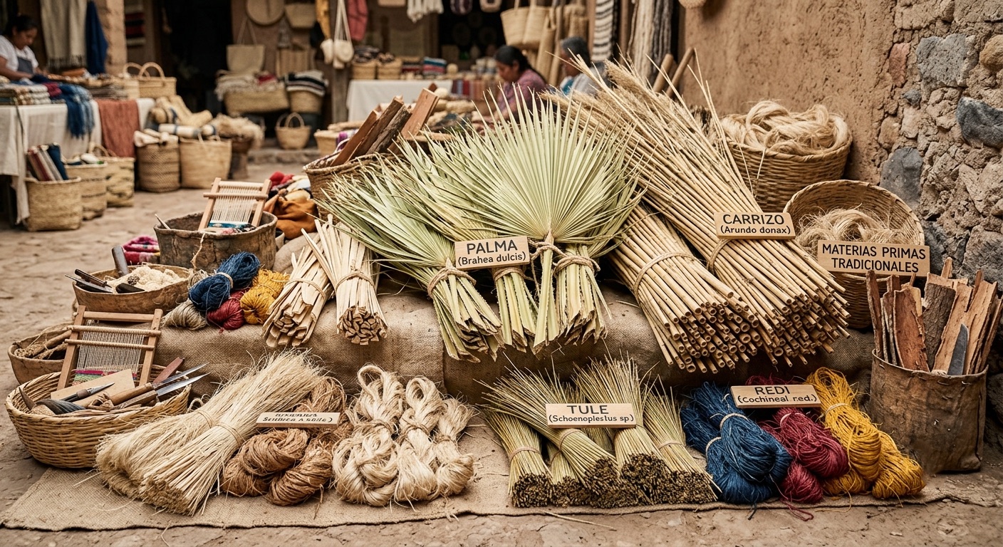 Detalle de fibras naturales: palma, tule y carrizo