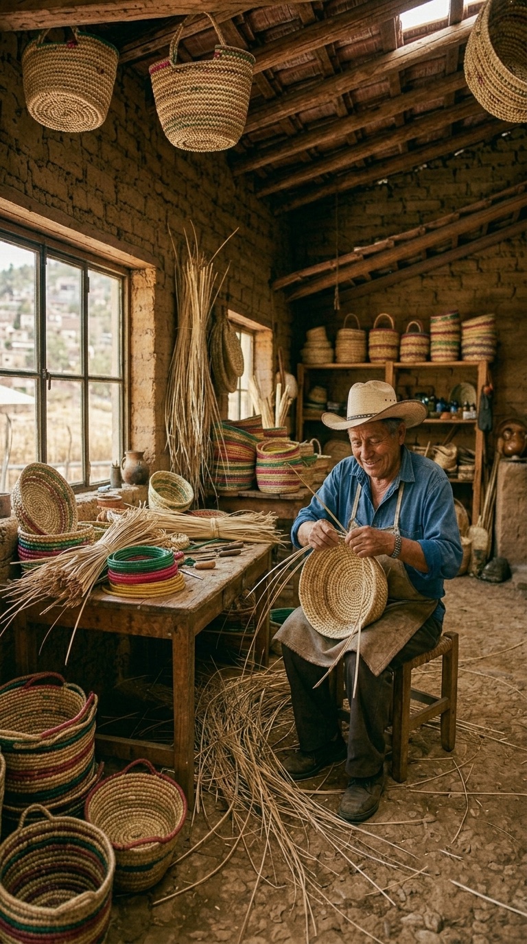 Proceso artesanal — tejido de canastos